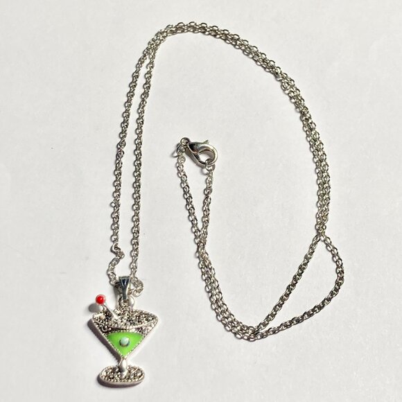 Martini Cocktail Drink Cup Glass Charm Necklace Pendant Green Enamel 18" Chain - Picture 5 of 9